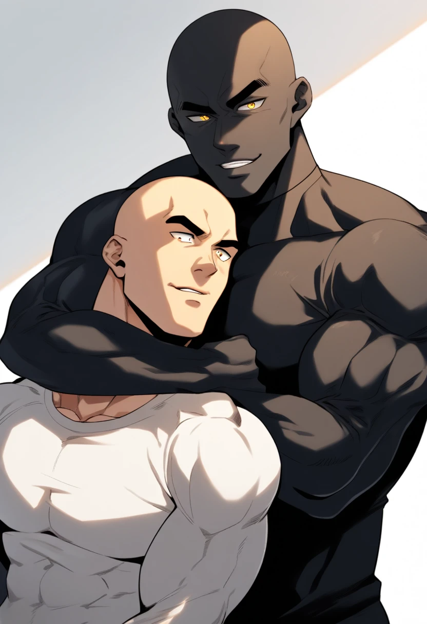 anime characters:Two superheroes in tights, Muscle superhero, Baldhead, negro black skin, They hugged and kissed each other, Bite your neck, Caress, Manliness, male focus, Yellow and black high collar long sleeve tight T-shirt, Slightly transparent material, Very tight, Round, full and perky chest muscles, Male dog waist, Slightly transparent, muscular male, muscular, only, Upper body, alone, Baldhead, Thick eyebrows, stubble, Yellow eyes, Grey background, simple background, amazing quality, best aesthetics, Ridiculous, bright pupils, crew cut, parted lips, seductive smile, torogao, naughty face, drop shadow, best quality