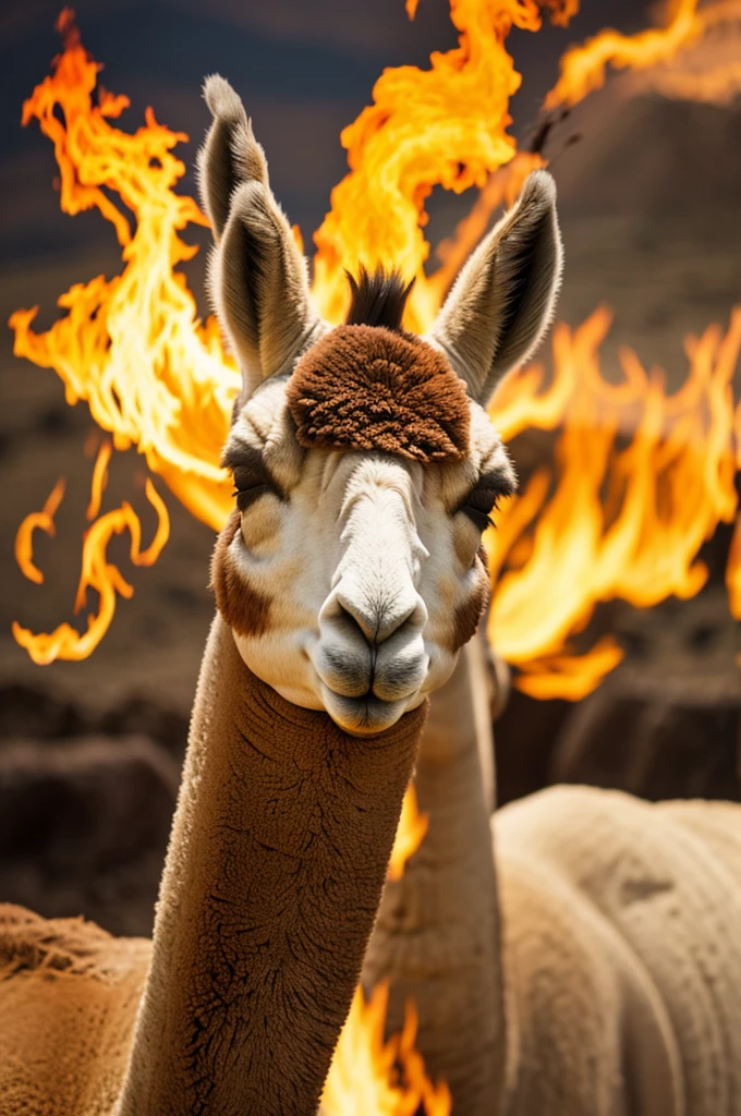 Create an image of an Andean camelid llama with fire around it with vibrant colors
