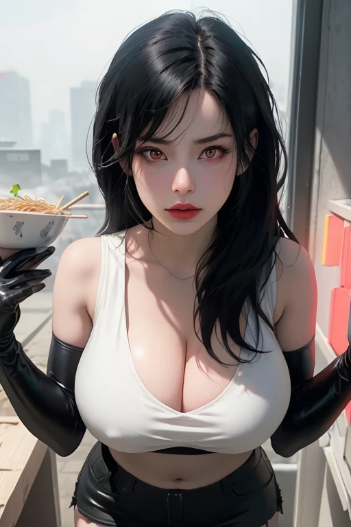 TiFa Lockhart, Tifa_Lockhart, FF7, sultry Face, (White vest:1.2), Black latex miniskirt, (Black long hair), Hair bangs (Red Eyes:1.3) Long eyelashes, beautiFul Red Eyes with brightness, Surrealism, shadow, Stereogram, (Reality), Throw, Atmospheric perspective, light, Ray Tracing, 8K, Super Detail, best quality, masterpiece, Very detailed, (Canon EOS R6, 135 mm, 1/1250s, F/2.8, ISO 400:0.9), Cyberpunk, neon, neon signs, Ramen Shop, (Large Breasts) (((Full and soft breasts,)))(((Huge breasts))) (((Cleavage)))Red combat gloves