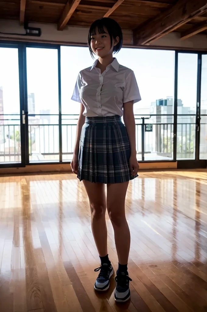 A girl, 15yo, cute smile girl, ((oversized white collar shirt)), (midi plaid skirt), black pixie cut, huge breasts, in wooden floor school gym, half open mouth, (((looking away))), (standing), ((Underexpose Lighting)), view from front, full body shot, girl close up,