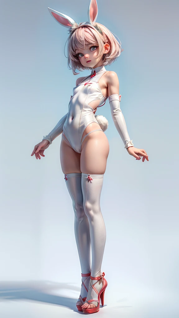 White gradient background，（in a panoramic view：1.2，full bodyesbian：1.2），1个Giant Breast Girl，(small girl Full body :1.7) anatomy correct，Rabbit-shaped headdress，short detailed hair，ssmile，Rabbit smooth white tight clothes，(shiny red one-piece clothes :1.2) , strappy sandals ,Beautiful and detailed HEELS , perfectly proportions，extremelydetailedface，（Best quality at best，high detal，tmasterpiece，offcial art，movie light effect，4K）