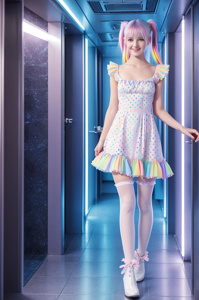 many cute 19-year-old neon haired women, natural posture, pale white skin, happy, smiling, in twin tails, perfect blue eyes, pale goth skin, silky smooth skin, flying a fancy metal luxurious space ship, futuristic hallway, outer space seen in windows, dark warm lighting, they are wearing various futuristic dresses, each a different dress, pleated (chemise) mini dress (pastel rainbow colors, and polka dots), puffy sleeves low cut top, silk, ((frilly pantyhose under dress)), tights, cute short cut booties, boots.
