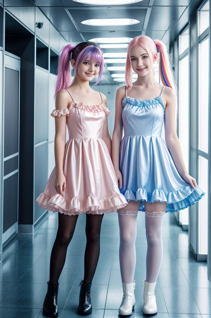 many cute 19-year-old neon haired women, natural posture, pale white skin, happy, smiling, in twin tails, perfect blue eyes, pale goth skin, silky smooth skin, flying a fancy metal luxurious space ship, futuristic hallway, outer space seen in windows, dark warm lighting, they are wearing various futuristic dresses, each a different dress, pleated (chemise) mini dress (pastel rainbow colors, and polka dots), puffy sleeves low cut top, silk, ((frilly pantyhose under dress)), tights, cute short cut booties, boots.