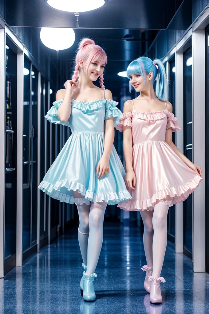 many cute 19-year-old neon haired women, natural posture, pale white skin, happy, smiling, in twin tails, perfect blue eyes, pale goth skin, silky smooth skin, flying a fancy metal luxurious space ship, futuristic hallway, outer space seen in windows, dark warm lighting, they are wearing various futuristic dresses, each a different dress, pleated (chemise) mini dress (pastel rainbow colors, and polka dots), puffy sleeves low cut top, silk, ((frilly pantyhose under dress)), tights, cute short cut booties, boots.