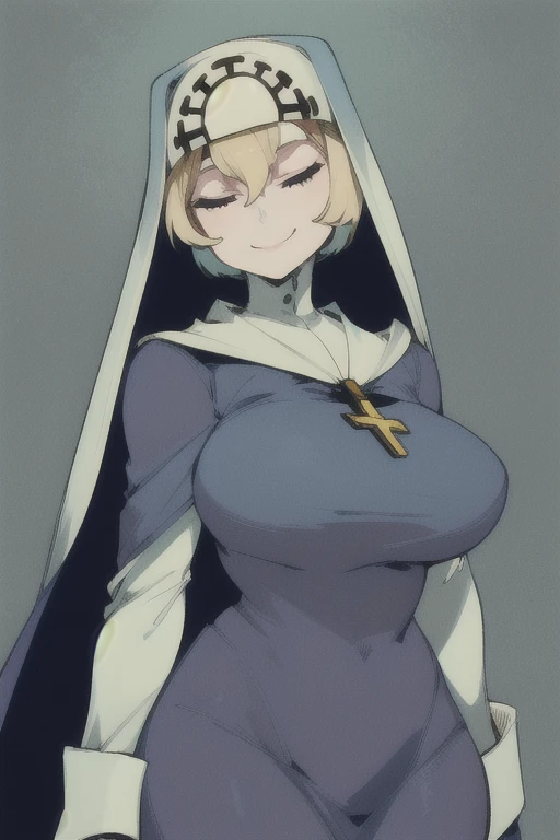 Double, short blonde hair, medium breasts, solo, smiling, cowboy shot, closed eyes, 
 blue habit, cross necklace ,long sleeves, cape, robe, cloak white gloves, nun, 
(insanely detailed, beautiful detailed face,beautiful detailed eyes, masterpiece, best quality  
   