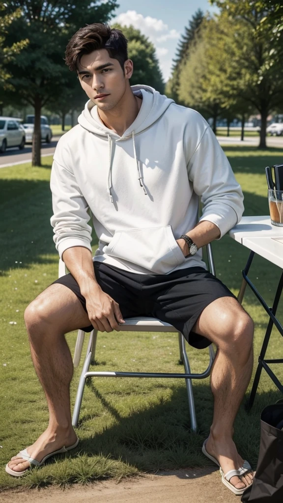 a very handsome man as if he came out of a men's shower gel advertisement, (wondering), shirt, active, on the street, crowded, sits in a white folding chair, candid camera, a portable folding chair, white hoodie. A folding table with a portable stove and coffee machine on it is placed on the green grass next to the chair. The setting shows an open field with trees and a lake in the distance