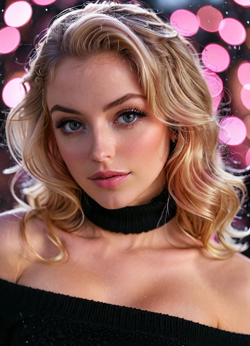 Extreme closeup portrait of an ultra hot gorgeous European woman.age 23. She’s a playmate and men magazine model. Pink and blonde wavy hair. Black turtleneck loose wool dress. Bare shoulders. She flirts with camera. Snowy Outdoor night studio shot. Bokeh