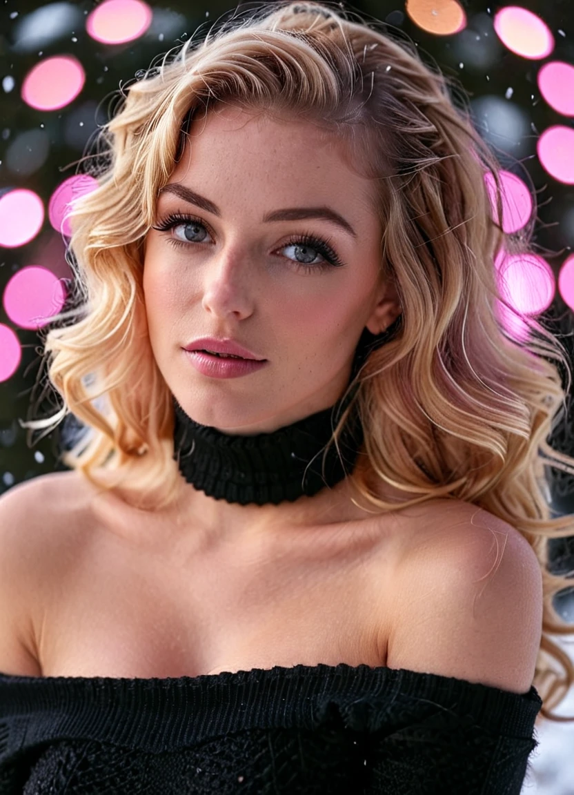 Extreme closeup portrait of an ultra hot gorgeous European woman.age 23. She’s a playmate and men magazine model. Pink and blonde wavy hair. Black turtleneck loose wool dress. Bare shoulders. She flirts with camera. Snowy Outdoor night studio shot. Bokeh