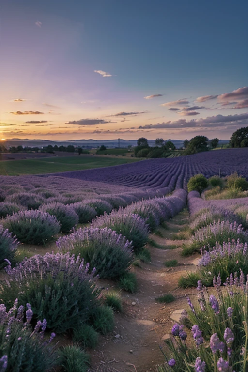 Landscape with lavender field and dawn