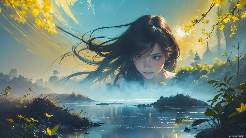 32k, Masterpiece, Highest quality, One girl, Brown Hair, Detailed eyes, flower,Dahlia, Light blue and yellow style,A dreamy, romantic piece,Pale yellow, Mysterious Leaves,A playful arrangement,Fantasy,High Contrast,Ink strokes,explosion,Exposure, Impression of light blue and yellow tones,Abstract,((Watercolours by John Berkey and Jeremy Mann )) Brush strokes,Negative Space, Tyndall effect,