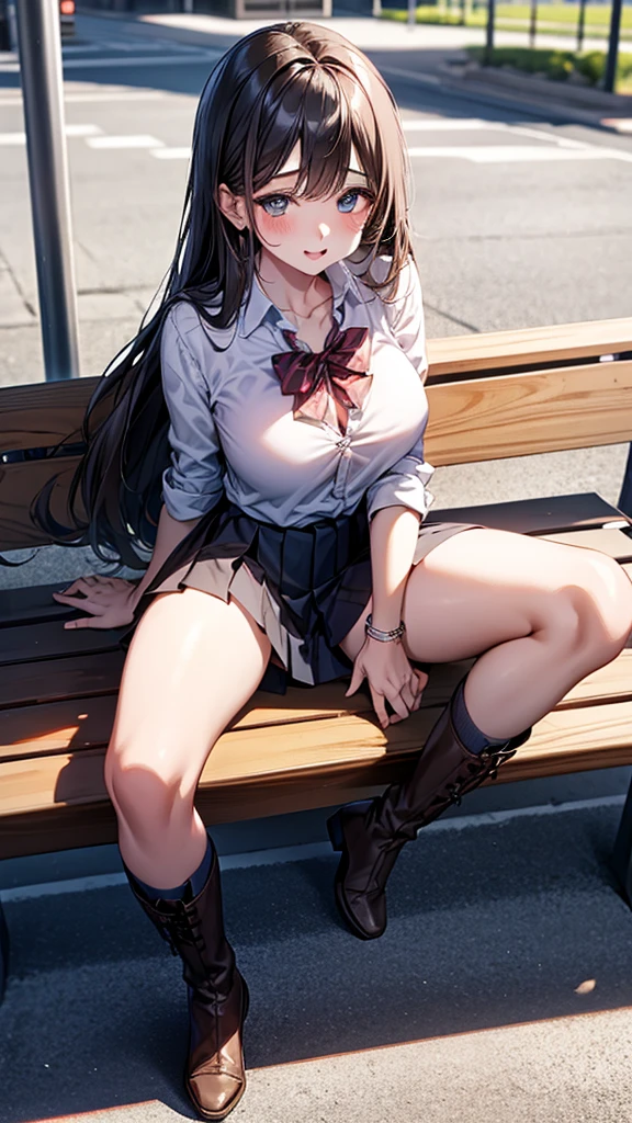 Cinema Lighting、Highest quality、sitting on a park bench、Put your feet on the bench、Photo taken from directly below、female、Age 25、Black Hair、long hair、Straight Hair、White collared shirt、((Button up、Navy blue pleated skirt、Brown boots)),femaleの子、Pink Panties、Spread your legs、汗y、Huge breasts、