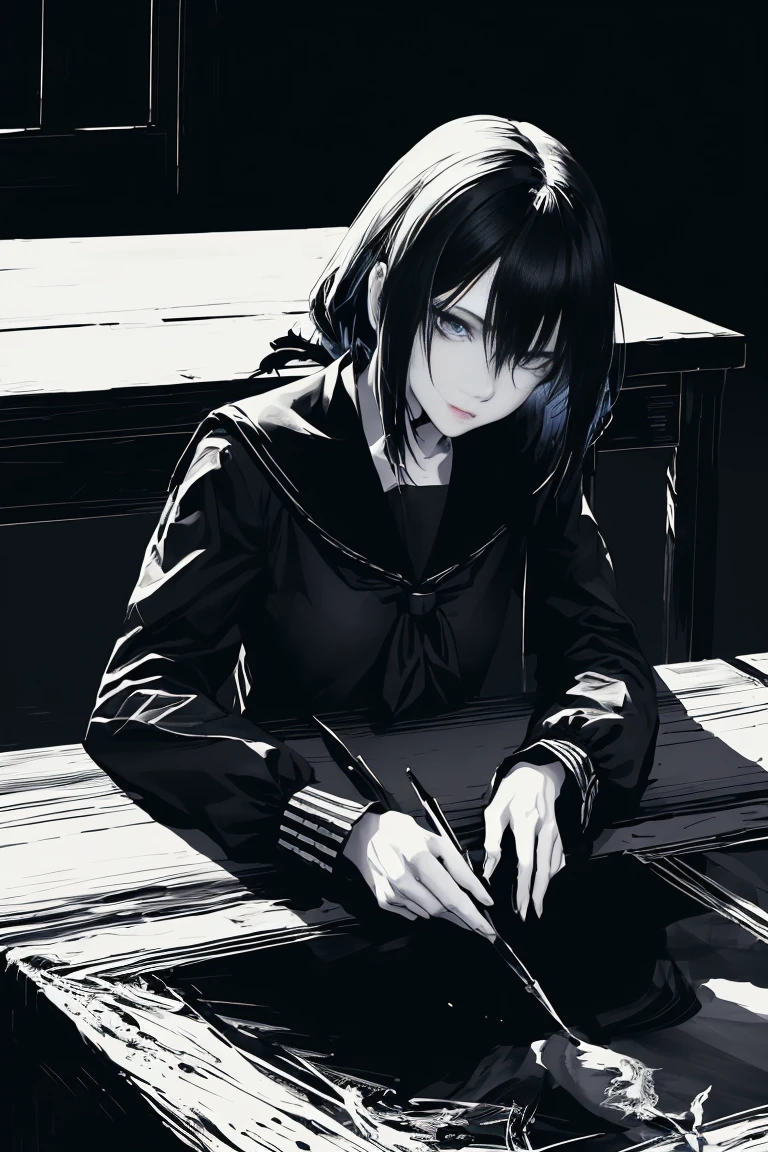 style v5lcn,ink art,(Best quality,table:1.2),(black and white comic core:1.1),(extremely high contrast),Dark ink,1 girl in,blue-haired,Shadow on the face、8 k,Permission,high school student,sailor uniform, blue hair