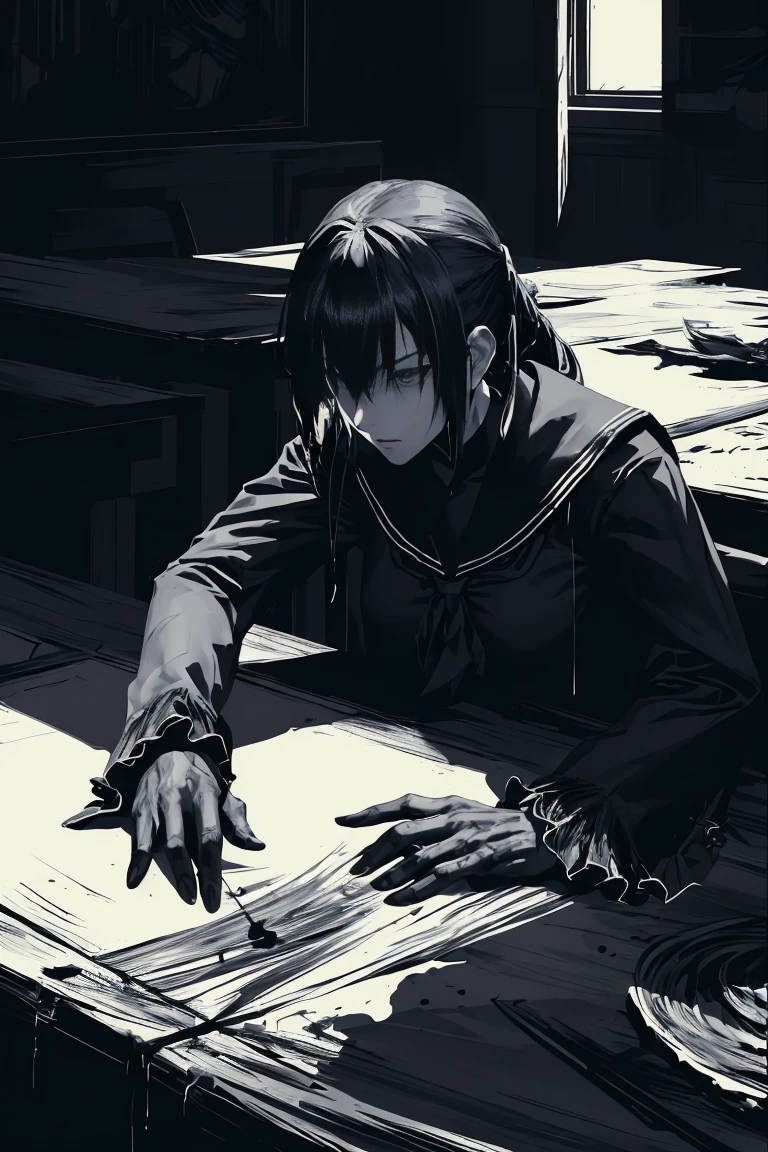 style v5lcn,ink art,(Best quality,table:1.2),(black and white comic core:1.1),(extremely high contrast),Dark ink,1 girl in,blue-haired,Shadow on the face、8 k,Permission,high school student,sailor uniform, blue hair