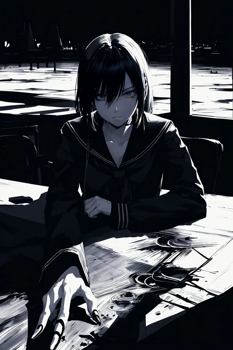 style v5lcn,ink art,(Best quality,table:1.2),(black and white comic core:1.1),(extremely high contrast),Dark ink,1 girl in,blue-haired,Shadow on the face、8 k,Permission,high school student,sailor uniform, blue hair