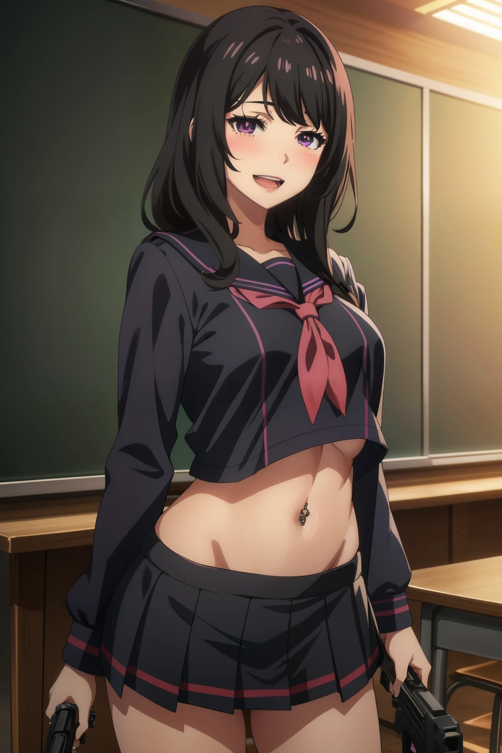 1girl,bangs,purple eyes,long hair,mature female,makeup,eyelashes,,black hair,, blush, lipstick, masterpiece, best quality, highly detailed, a anime girls in sailor uniforms with a gun posing for a picture, evil smile, smile, open mouth,black_serafuku, ecchi anime style, anime girls , ecchi style, ecchi, shipgirls, digital anime art!!, high school girls, holding a gun, hold a gun, anime style 4 k, micro skirt, exposed belly, exposed navel, exposed midriff, exposed lower belly,school, classroom, navel piercing