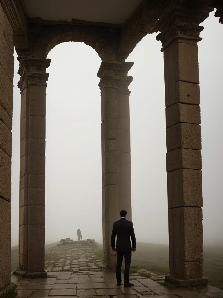 Back view of man, stand, soft light, on ruined ancient structure, dark and foggy vibes.