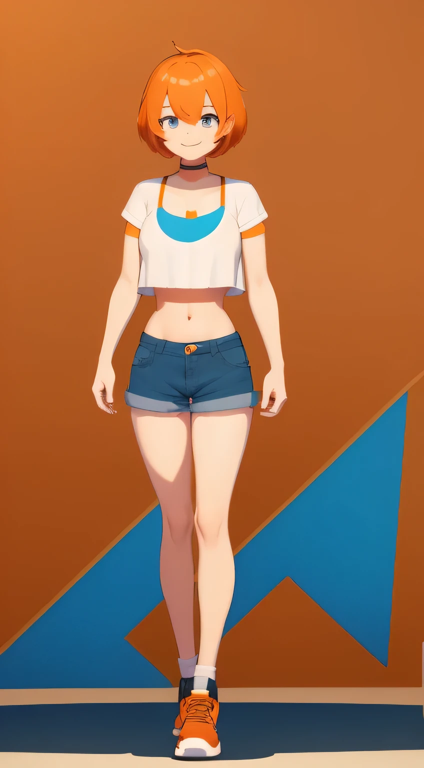 a cartoon character of a girl wearing denim shorts and a orange top, 1girl, solo, large breasts, smile, orange hair, white background, short hair, shirt, shorts, simple background, navel, midriff, full body, crop top, looking at viewer, muscular arms, hands down