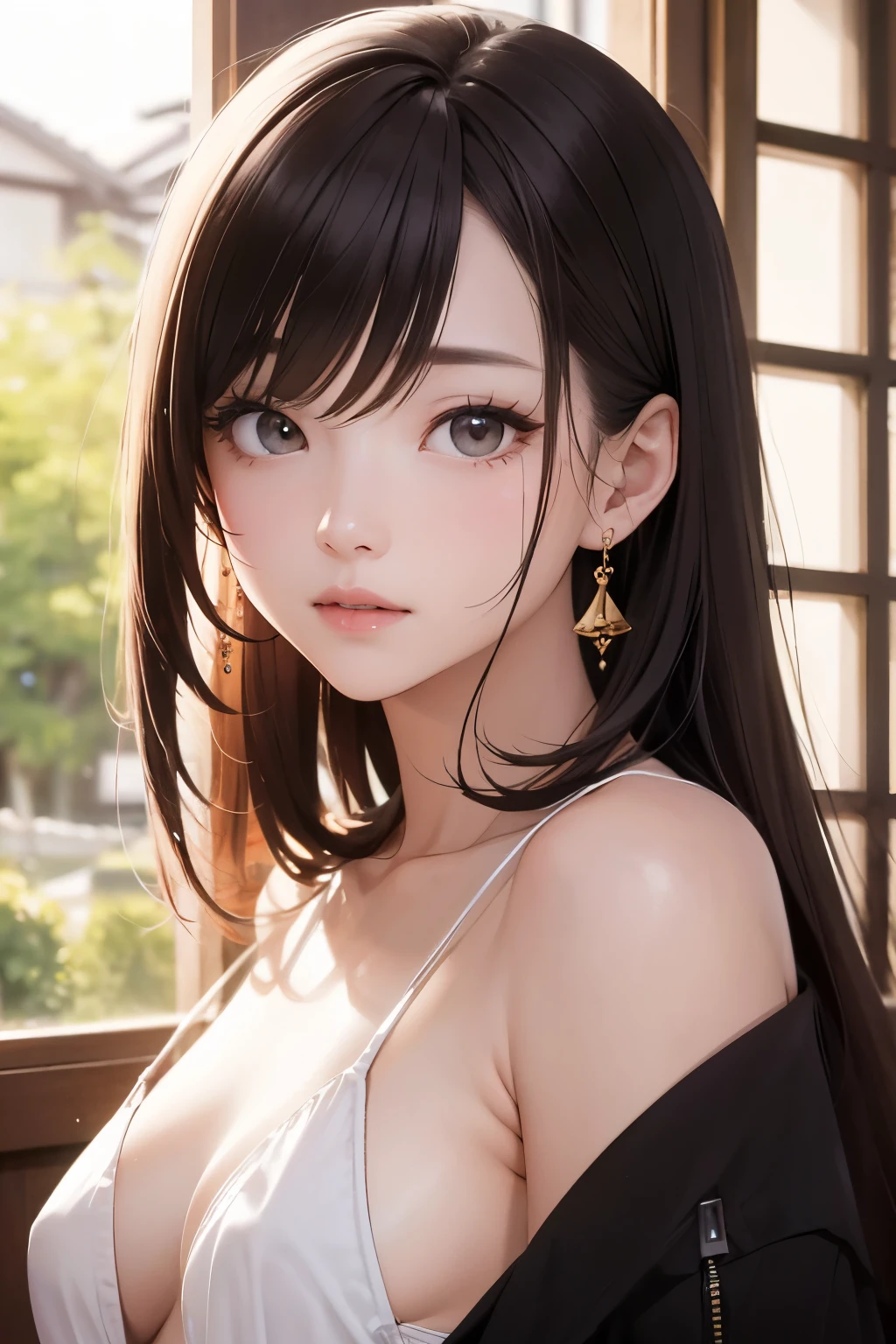 highest quality、masterpiece、Super detailed、ultra high resolution、slender、medium bust、(whole body:1.2)、looking at the camera、High definition background、realistic eyes、Sharp eyes、blurred background、(very detailed face and eyes、beautiful face、super detailed skin、Fine skin texture:1.3)、Japanese-style house、Porche、shoji、Spring landscape、Korean Beautiful Girl,Superstar Idol Dancer,A beautiful girl,Small breasts,Small flat chest,Shoulders exposed skin,