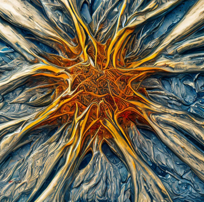  an intricate neural system made of chromed steel, titanium, vanadium and iron, dominant yellow and orange color tonality, growing on a fractal background, brilliant colours, masterpiece, highly detailed, 4k resolution,  3d modelling, digital art, abstract art