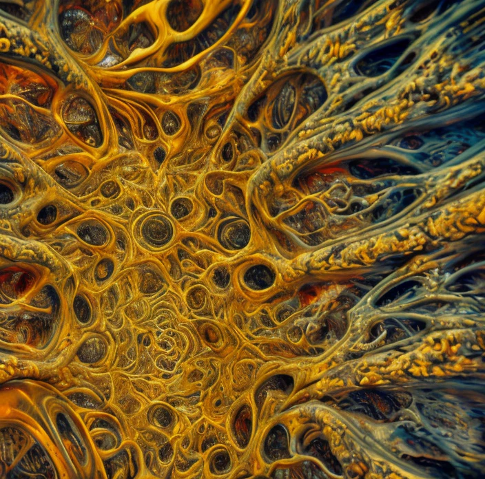  an intricate neural system made of chromed steel, titanium, vanadium and iron, dominant yellow and orange color tonality, growing on a fractal background, brilliant colours, masterpiece, highly detailed, 4k resolution,  3d modelling, digital art, abstract art