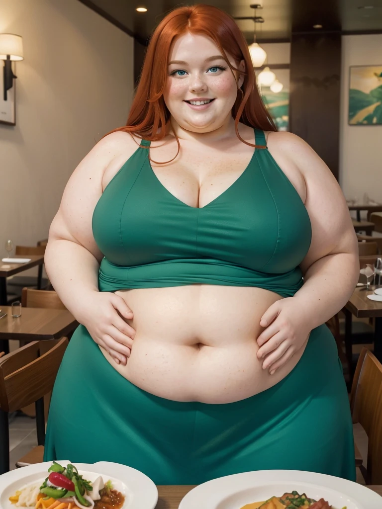 A Happy photo of a young beautiful redhead bbw with soft fat belly, wide fat obese hips, thick fat legs and fat arms, cute pretty face, small breasts, blue eyes, freckles, in an elegant green dress in am all-you-can-eat restaurant