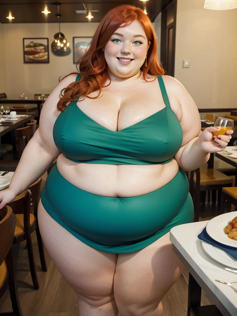 A Happy photo of a young beautiful redhead bbw with soft fat belly, wide fat obese hips, thick fat legs and fat arms, cute pretty face, small breasts, blue eyes, freckles, in an elegant green dress in am all-you-can-eat restaurant