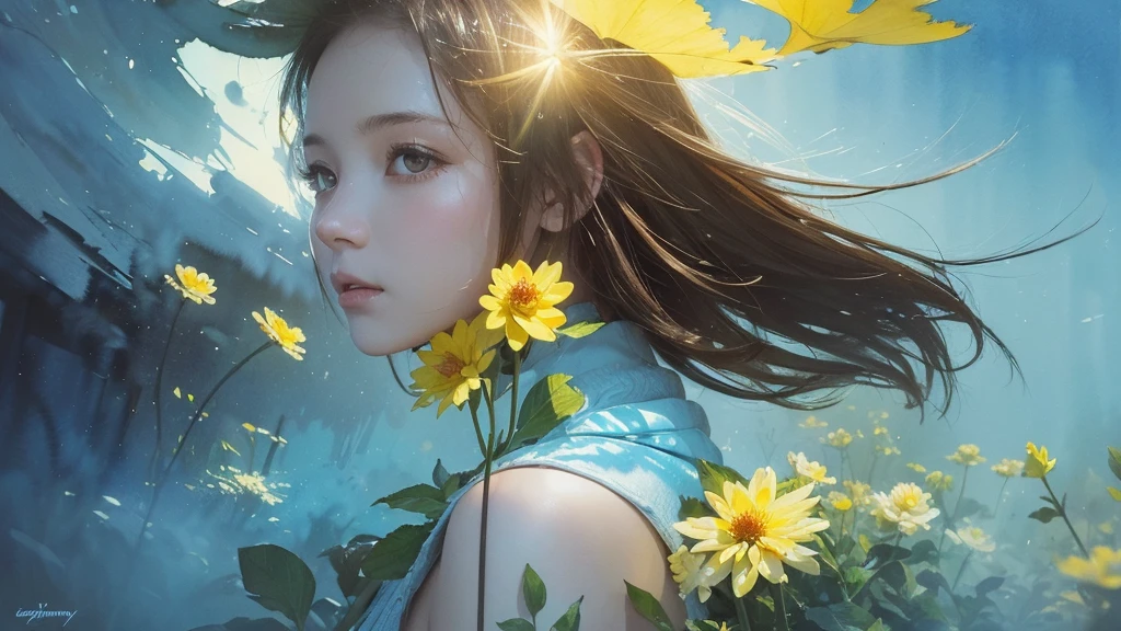 32k, Masterpiece, Highest quality, One girl, Brown Hair, Detailed eyes, flower,Dahlia, Light blue and yellow style,A dreamy, romantic piece,Pale yellow, Mysterious Leaves,A playful arrangement,Fantasy,High Contrast,Ink strokes,explosion,Exposure, Impression of light blue and yellow tones,Abstract,((Watercolours by John Berkey and Jeremy Mann )) Brush strokes,Negative Space, Tyndall effect,