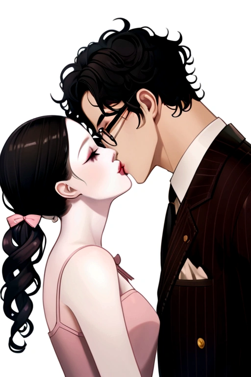 Girl with black hair tied up in a ponytail, thin-frame glasses, brown eyes, pale pink lips with pale skin who is kissing on the lips with a man taller than her with black eyes and curly hair tied to a small bow.