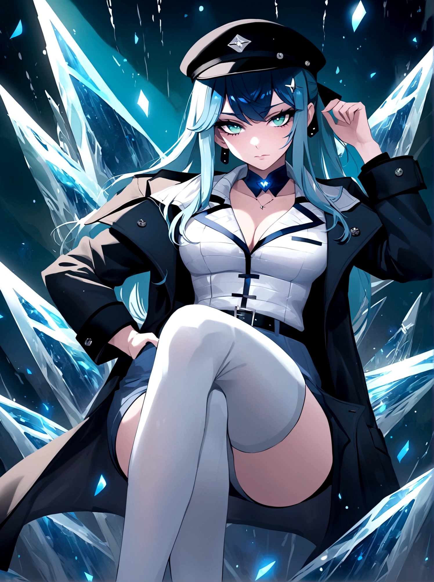 Poker face,Hands in pockets,Exquisite facial features,Blue Hair,Green Eyes,Young women,Black trench coat