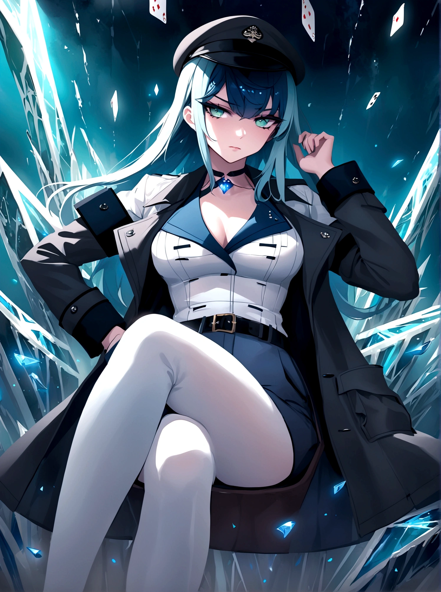 Poker face,Hands in pockets,Exquisite facial features,Blue Hair,Green Eyes,Young women,Black trench coat