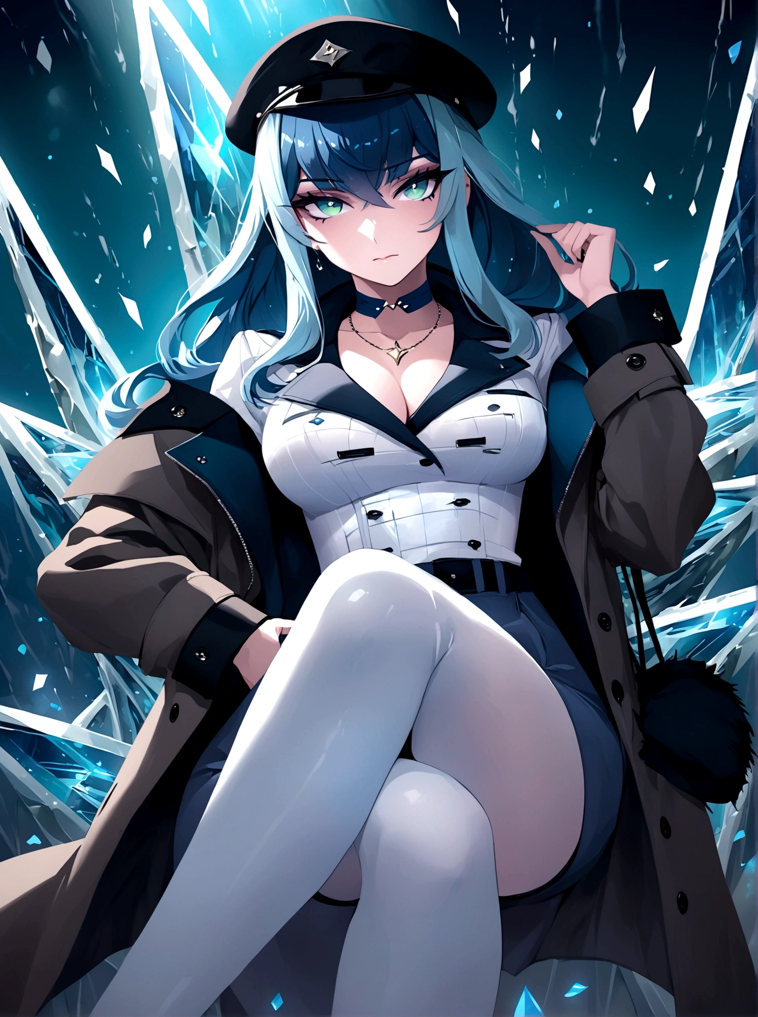 Poker face,Hands in pockets,Exquisite facial features,Blue Hair，Green Eyes，Young women，Black trench coat