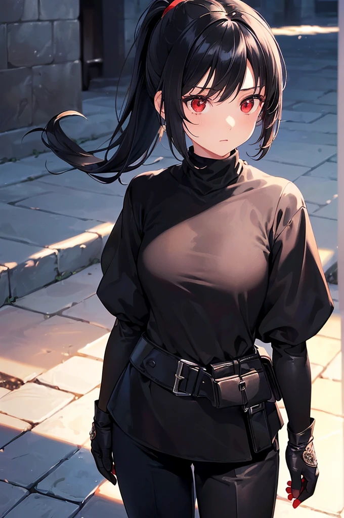 (masterpiece; best quality: 1.2), (finely detailed eyes: 1.3), ((10 year old female kid)), ((solo)), (red eyes: 1.4), (body; short, slender: 1.3), (black hair in ponytail: 1.3), (beautiful and clear background: 1.2), ((depth of field)), (clothes: assassin attire + black turtleneck + black pants + long black cloak + black gloves + light armor + satchel: 1.3), (anime illustration: 1.2), (background; medieval alleyway: 1.1), (extremely fine and beautiful: 1.1), (shot composition; standing + centered on torso + close-up: 1.5), (expression; calm, stoic: 1.2)
