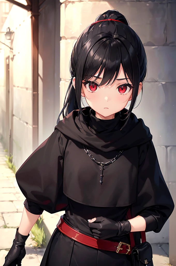 (masterpiece; best quality: 1.2), (finely detailed eyes: 1.3), ((10 year old female kid)), ((solo)), (red eyes: 1.4), (body; short, slender: 1.3), (black hair in ponytail: 1.3), (beautiful and clear background: 1.2), ((depth of field)), (clothes: assassin attire + black turtleneck + black pants + long black cloak + black gloves + light armor + satchel: 1.3), (anime illustration: 1.2), (background; medieval alleyway: 1.1), (extremely fine and beautiful: 1.1), (shot composition; standing + centered on torso + close-up: 1.5), (expression; calm, stoic: 1.2)