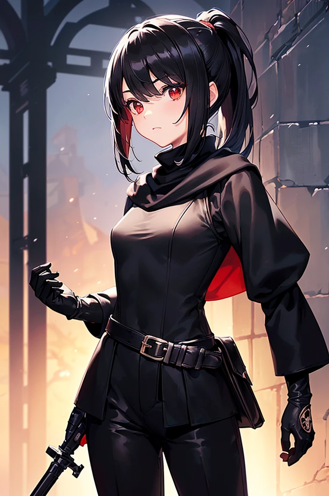 (masterpiece; best quality: 1.2), (finely detailed eyes: 1.3), ((10 year old female kid)), ((solo)), (red eyes: 1.4), (body; short, slender: 1.3), (black hair in ponytail: 1.3), (beautiful and clear background: 1.2), ((depth of field)), (clothes: assassin attire + black turtleneck + black pants + long black cloak + black gloves + light armor + satchel: 1.3), (anime illustration: 1.2), (background; medieval alleyway: 1.1), (extremely fine and beautiful: 1.1), (shot composition; standing + centered on torso + close-up: 1.5), (expression; calm, stoic: 1.2)