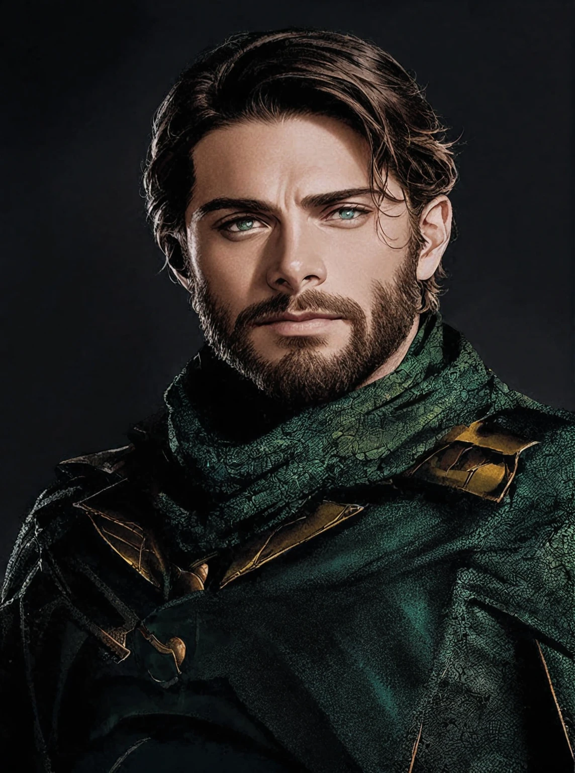 a close-up of a man with a green outfit and beard, mystery, Karl Urban as Dragon Slayer, doctor, crocodilo Loki, Ryan por, maxwell boas, Clayton Crain, paul atreides, Jon Tron as Loki in The Avengers, avatar image, robust and handsome ranger, ladino masculino, profile pic, Dia Charlie