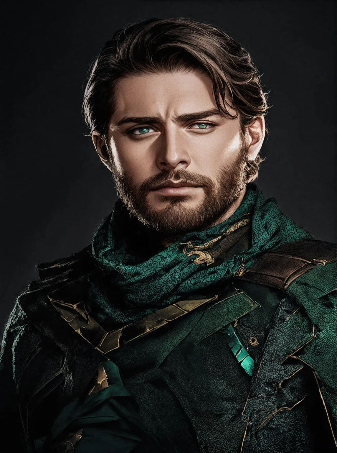 a close-up of a man with a green outfit and beard, mystery, Karl Urban as Dragon Slayer, doctor, crocodilo Loki, Ryan por, maxwell boas, Clayton Crain, paul atreides, Jon Tron as Loki in The Avengers, avatar image, robust and handsome ranger, ladino masculino, profile pic, Dia Charlie