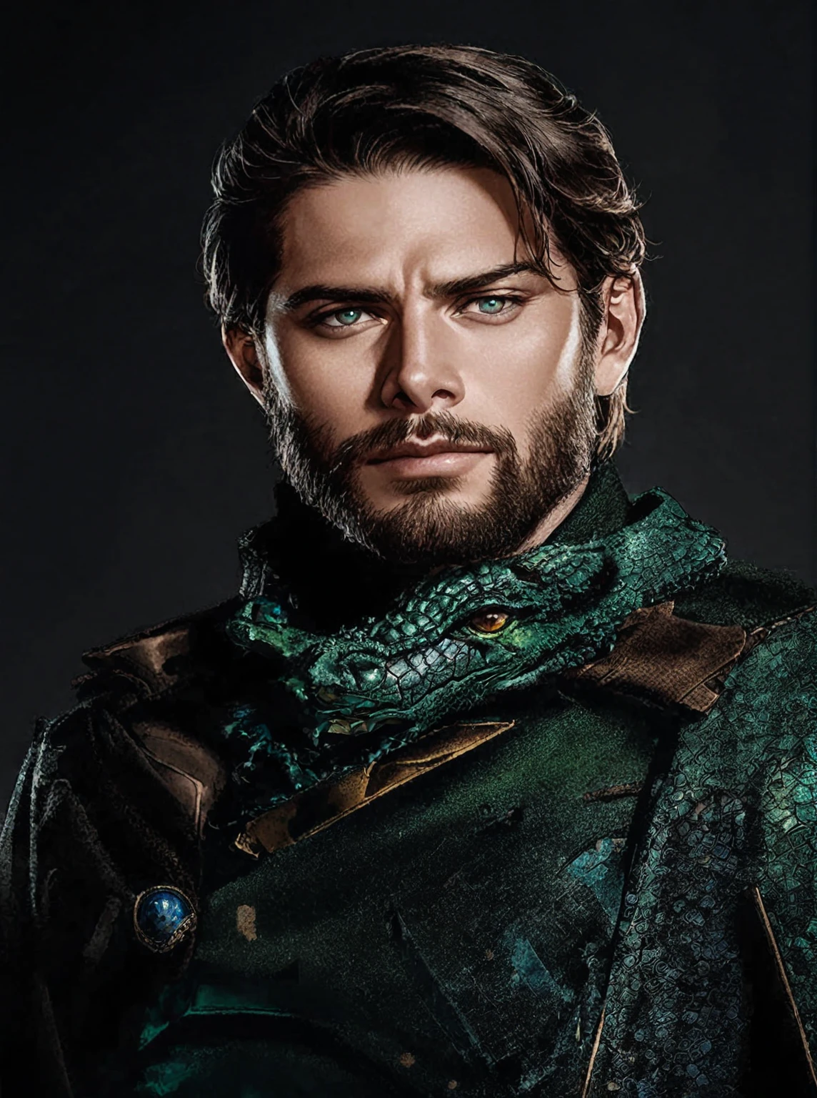 a close-up of a man with a green outfit and beard, mystery, Karl Urban as Dragon Slayer, doctor, crocodilo Loki, Ryan por, maxwell boas, Clayton Crain, paul atreides, Jon Tron as Loki in The Avengers, avatar image, robust and handsome ranger, ladino masculino, profile pic, Dia Charlie