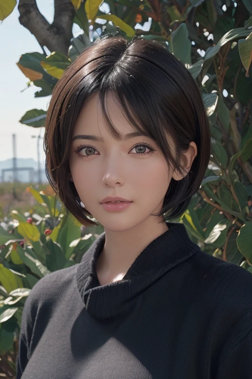 (masterpiece:1.3), (8K, Realistic, RAW Photos, Highest quality: 1.4), (One girl), Beautiful Face, (Realistic Face), (Black Hair, short hair:1.3), Beautiful hairstyle, Realistic eyes, Beautiful attention to detail, (Realistic Skin), Beautiful Skin, (sweater), Absurd, Charm, Ultra-high resolution, Ultra-realistic, Very detailed, Golden Ratio,youthful face in late s,round face,pose like a model