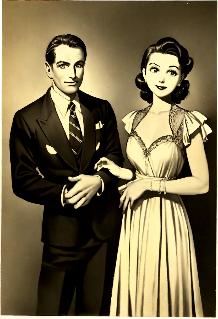 a man is holding a woman in a dress and a suit, vintage noir, publicity photo, old hollywood, poster shot, by Stan Galli, by George Hurrell, noir film, 1940s photo, preston blair, promo photograph, irresistible, film noir, model pose, promo shot, by Pat Adams, by Dennis Ashbaugh, glamorous pose