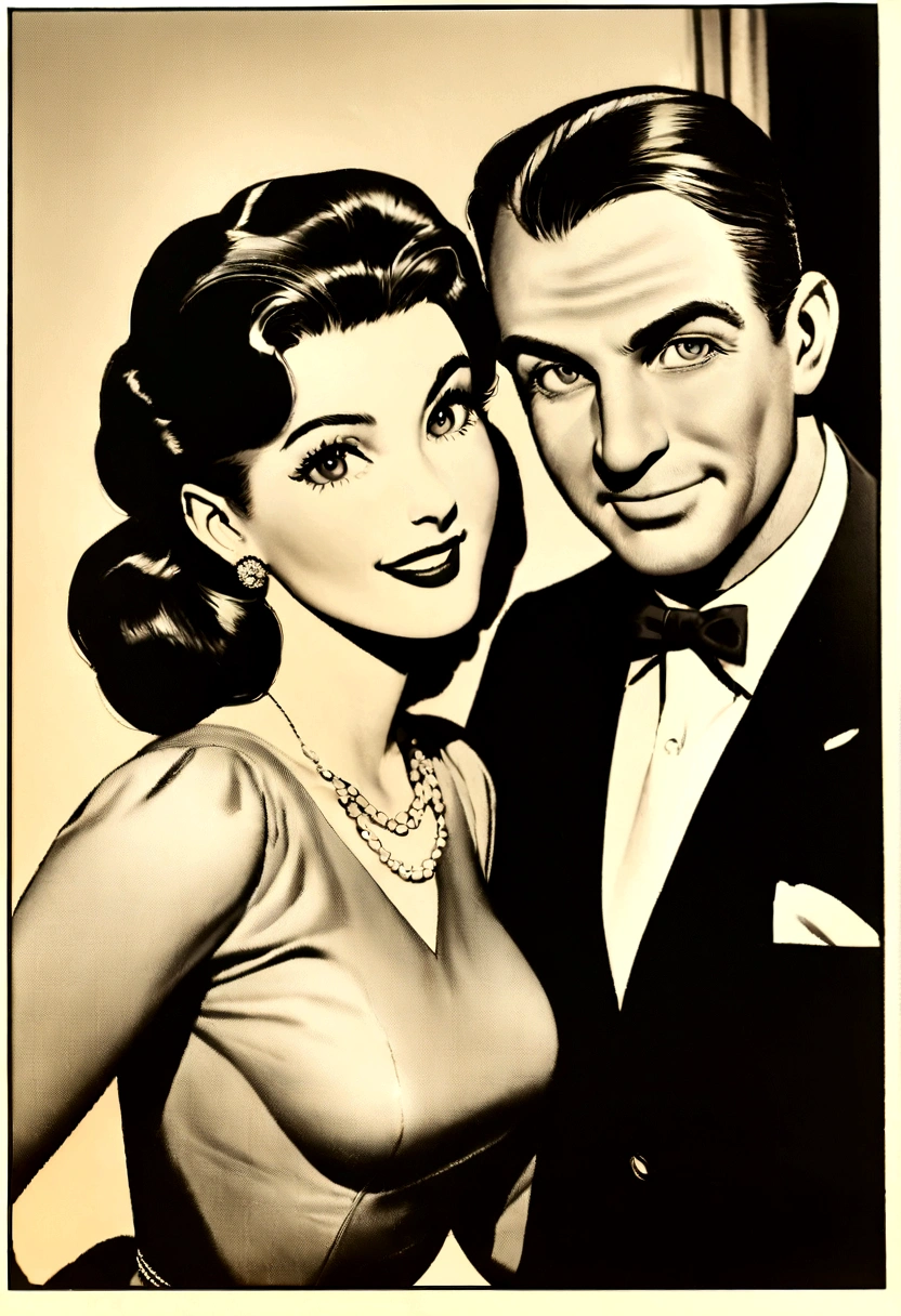 a man is holding a woman in a dress and a suit, vintage noir, publicity photo, old hollywood, poster shot, by Stan Galli, by George Hurrell, noir film, 1940s photo, preston blair, promo photograph, irresistible, film noir, model pose, promo shot, by Pat Adams, by Dennis Ashbaugh, glamorous pose