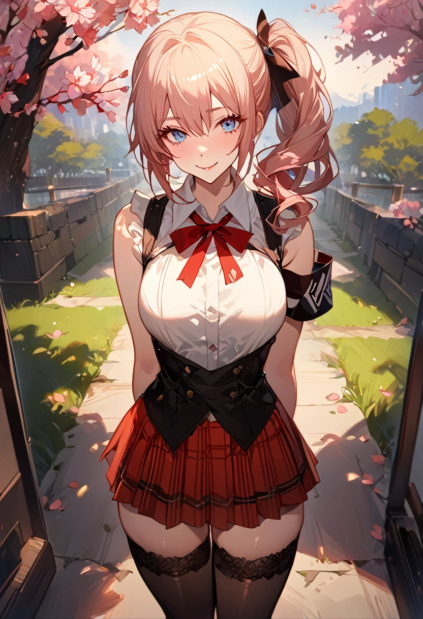masterpiece, best quality, 8k, 4k, 1girl, (masterpiece, best quality:1.2), 1girl, serah farron, smile, looking at viewer, arms behind back, blue eyes, long curly side ponytail, black diamond-shaped armband, red plaid-pleated skirt with black lace, white sleeveless dress shirt, transparent pink sweeper vest, black thigh-high stockings, ivory ankle boots, finely detailed eyes and detailed face, face detailed, hair detailed, clothes detailed, ((high quality)), extreme detail, Sakura tree, sakura field, inspired by Asukaziye artist : ask, art style : ask