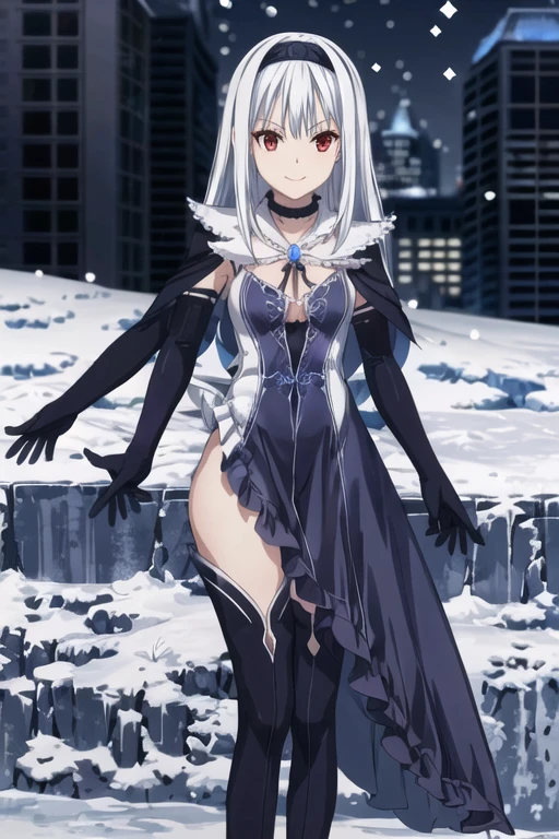 1girl, aira, blanc neige, smile, galdinius hairband, black elbow gloves, blue dress cleavage, frilled choker, black long cape, black thighhighs frills, blue gemstone, snow, city, best quality, masterpiece, looking at viewers 