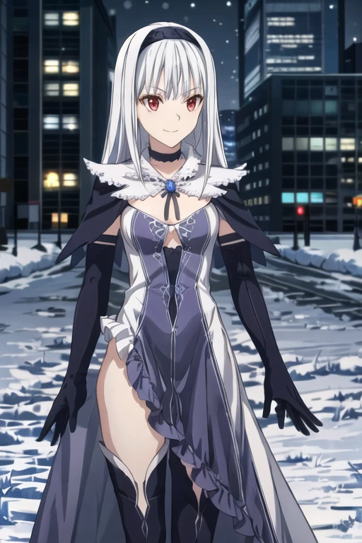 1girl, aira, blanc neige, smile, galdinius hairband, black elbow gloves, blue dress cleavage, frilled choker, black long cape, black thighhighs frills, blue gemstone, snow, city, best quality, masterpiece, looking at viewers 