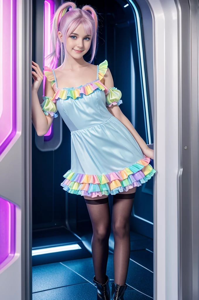 cute 19-year-old neon haired woman, pale white skin, happy, smiling, in twin tails, perfect blue eyes, pale goth skin, silky smooth skin, flying a fancy metal luxurious space ship, futuristic cockpit, she's a pilot, outer space seen in windows, dark warm lighting, wearing a futuristic dress, pleated (chemise) mini dress (pastel rainbow colors, and polka dots), puffy sleeves low cut top, silk, ((frilly pantyhose under dress)), tights, cute short cut booties, boots.