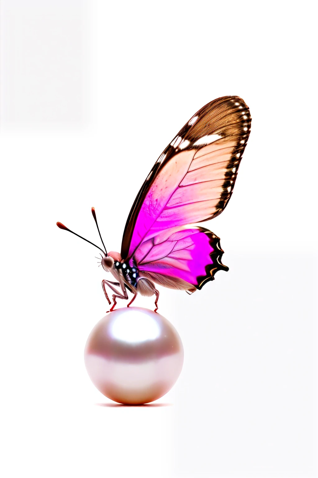 butterfly flying from the side on the pearls, icon, logo, white background, pinkish, (no humans)