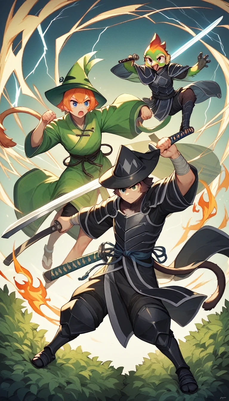 ((four characters)), (cat knight, black armor, holding a sword surrounded by flames), (monkey martial artist, striking a fighting pose with lightning fists), (bush dog samurai, black armor, holding a Japanese sword in each hand), (green parrot wizard, wizard's hat and robe, wand in each hand, with a purple magic circle coming out of the tip of his wand). ), in dungeon, twilight, 4K, 3dcg, sparks flying, high resolution, masterpiece, high quality, super detailed, ultra detailed, ultra realistic, fantasy world, dragon quest like world, medieval european world, drone with top angle, 3d fluffy, cute big round reflective eyes, Pixar rendering, Unreal Cinematic Smooth Engine, elaborate detail, Unreal 
