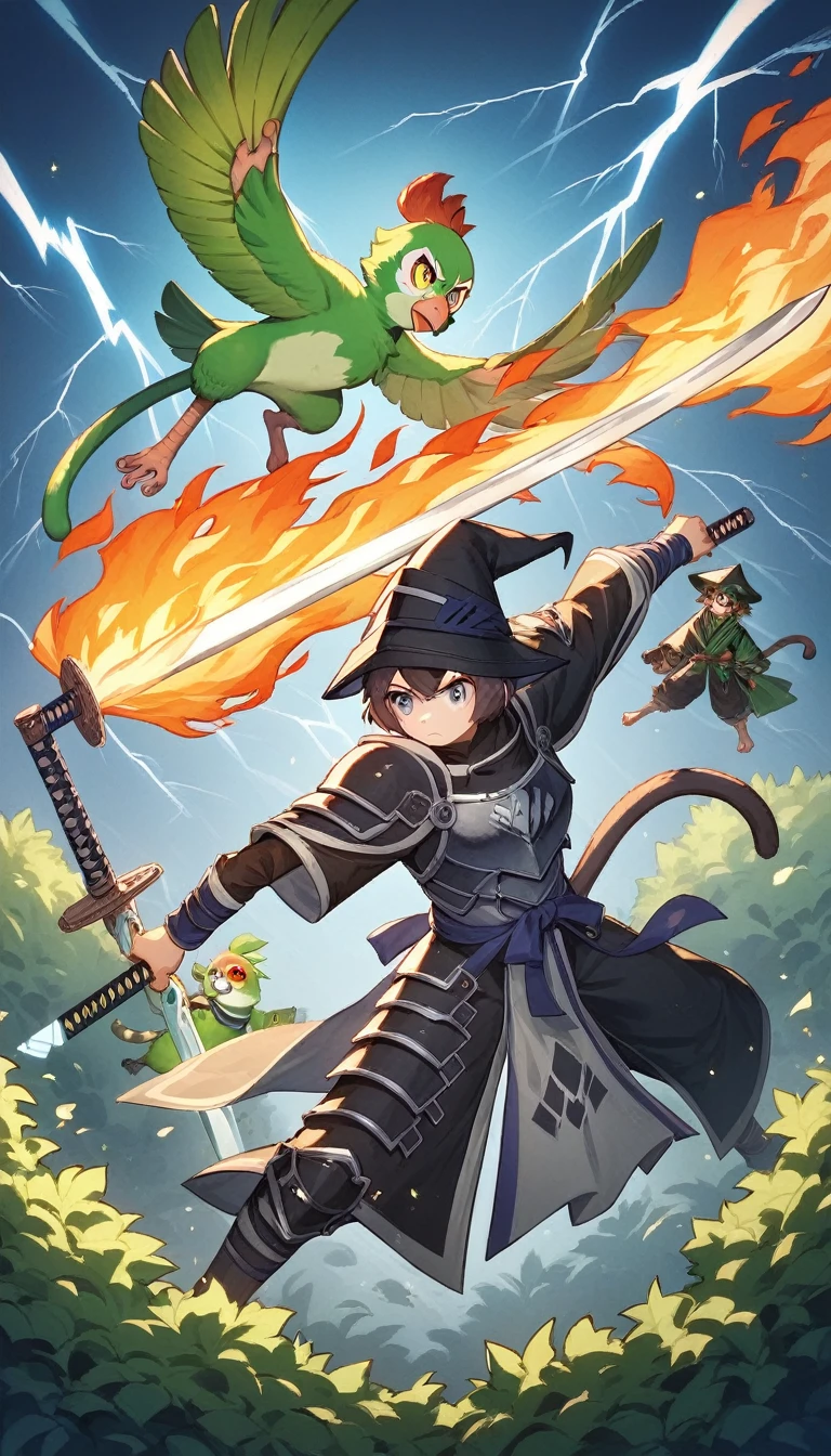 ((four characters)), (cat knight, black armor, holding a sword surrounded by flames), (monkey martial artist, striking a fighting pose with lightning fists), (bush dog samurai, black armor, holding a Japanese sword in each hand), (green parrot wizard, wizard's hat and robe, wand in each hand, with a purple magic circle coming out of the tip of his wand). ), in dungeon, twilight, 4K, 3dcg, sparks flying, high resolution, masterpiece, high quality, super detailed, ultra detailed, ultra realistic, fantasy world, dragon quest like world, medieval european world, drone with top angle, 3d fluffy, cute big round reflective eyes, Pixar rendering, Unreal Cinematic Smooth Engine, elaborate detail, Unreal