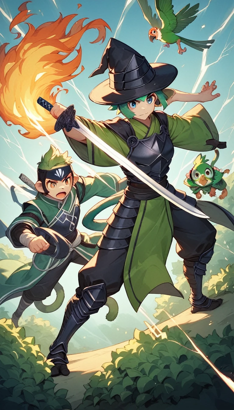 ((four characters)), (cat knight, black armor, holding a sword surrounded by flames), (monkey martial artist, striking a fighting pose with lightning fists), (bush dog samurai, black armor, holding a Japanese sword in each hand), (green parrot wizard, wizard's hat and robe, wand in each hand, with a purple magic circle coming out of the tip of his wand). ), in dungeon, twilight, 4K, 3dcg, sparks flying, high resolution, masterpiece, high quality, super detailed, ultra detailed, ultra realistic, fantasy world, dragon quest like world, medieval european world, drone with top angle, 3d fluffy, cute big round reflective eyes, Pixar rendering, Unreal Cinematic Smooth Engine, elaborate detail, Unreal 