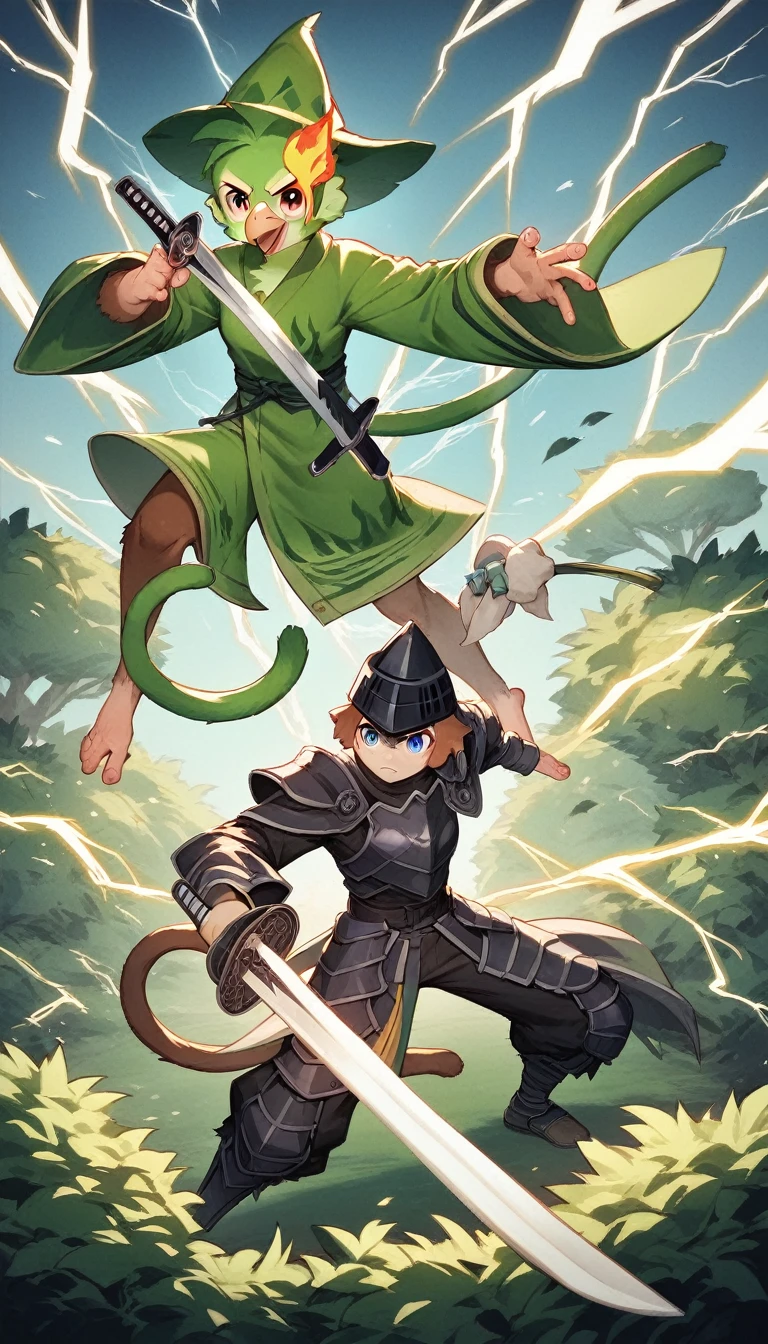 ((four characters)), (cat knight, black armor, holding a sword surrounded by flames), (monkey martial artist, striking a fighting pose with lightning fists), (bush dog samurai, black armor, holding a Japanese sword in each hand), (green parrot wizard, wizard's hat and robe, wand in each hand, with a purple magic circle coming out of the tip of his wand). ), in dungeon, twilight, 4K, 3dcg, sparks flying, high resolution, masterpiece, high quality, super detailed, ultra detailed, ultra realistic, fantasy world, dragon quest like world, medieval european world, drone with top angle, 3d fluffy, cute big round reflective eyes, Pixar rendering, Unreal Cinematic Smooth Engine, elaborate detail, Unreal
