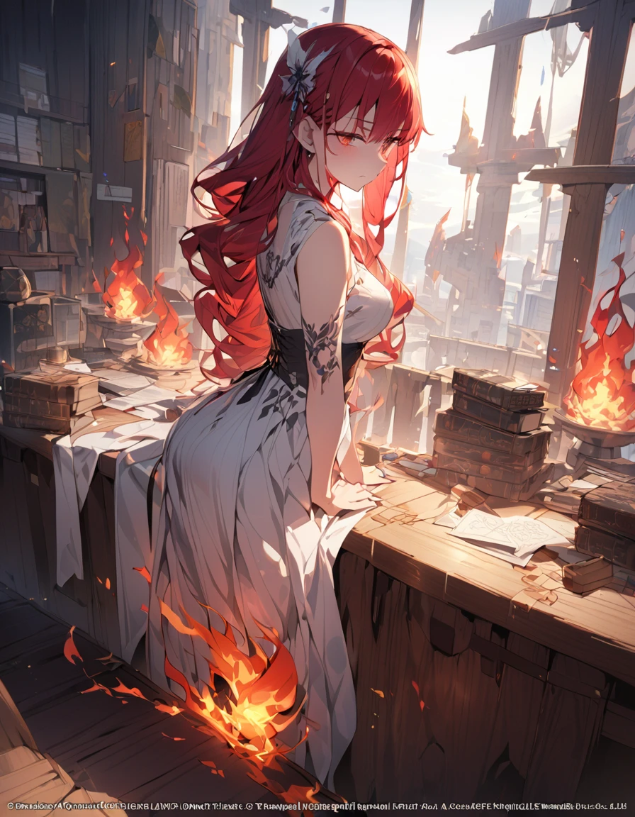 masterpiece　Detailed description　A woman with very long red hair　Very intense flames all over　Spell　